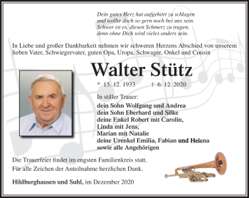 Traueranzeige von Walter Stütz von Südthüringer Presse