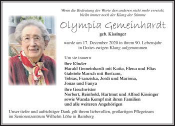 Traueranzeige von Olympia Gemeinhardt von Neue Presse Coburg