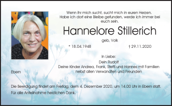 Traueranzeige von Hannelore Stillerich von Neue Presse Coburg