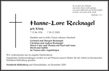 Traueranzeige von Hanne-Lore Recknagel von Südthüringer Presse