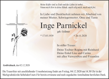 Traueranzeige von Inge Parnickel von Neue Presse Coburg