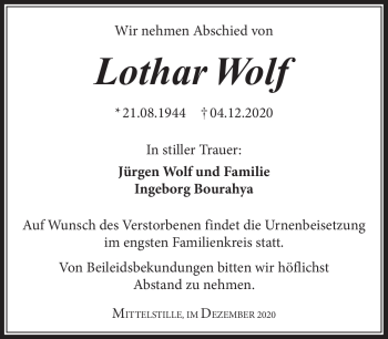 Traueranzeige von Lothar Wolf von Südthüringer Presse