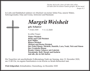 Traueranzeige von Margrit Weisheit von Südthüringer Presse