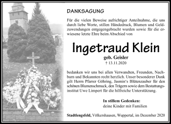 Traueranzeige von Ingetraud Klein von Südthüringer Presse