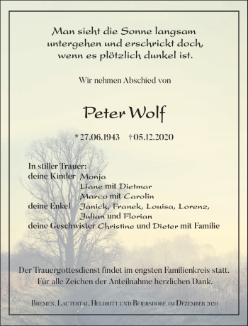 Traueranzeige von Peter Wolf von Südthüringer Presse