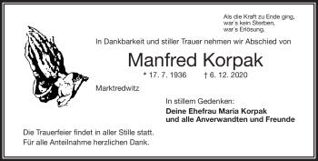Traueranzeige von Manfred Korpak von Frankenpost