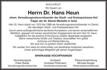Traueranzeige von Hans Heun von Frankenpost