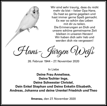 Traueranzeige von Hans-Jürgen Weiß von Südthüringer Presse