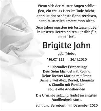 Traueranzeige von Brigitte Jahn von Südthüringer Presse