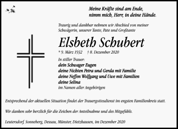 Traueranzeige von Elsbeth Schubert von Südthüringer Presse