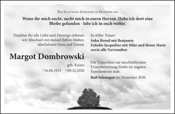 Traueranzeige von Margot Dombrowski von Südthüringer Presse