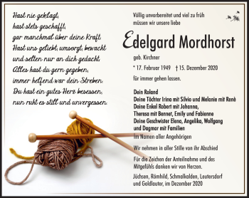 Traueranzeige von Edelgard Mordhorst von Südthüringer Presse