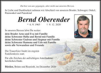 Traueranzeige von Bernd Oberender von Südthüringer Presse