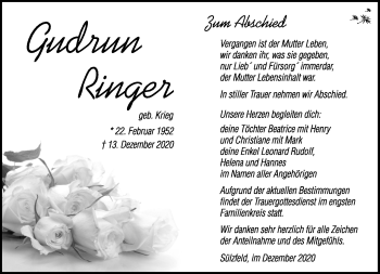 Traueranzeige von Gudrun Ringer von Südthüringer Presse