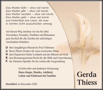 Traueranzeige von Thiess Gerda von Südthüringer Presse