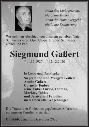 Traueranzeige von Siegmund Gaßert von Südthüringer Presse