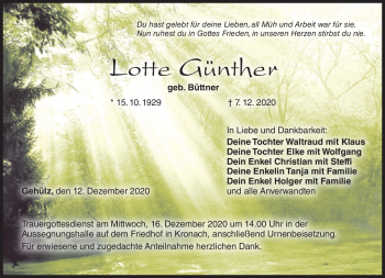 Traueranzeige von Lotte Günther von Neue Presse Coburg
