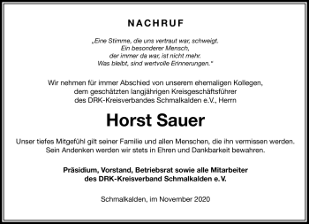 Traueranzeige von Horst Sauer von Südthüringer Presse