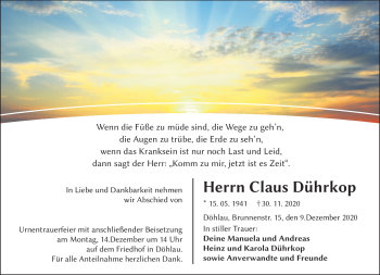 Traueranzeige von Claus Dührkop von Frankenpost
