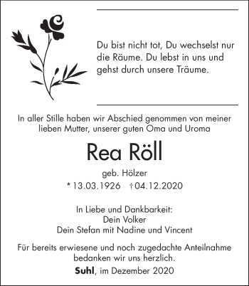 Traueranzeige von Rea Röll von Südthüringer Presse