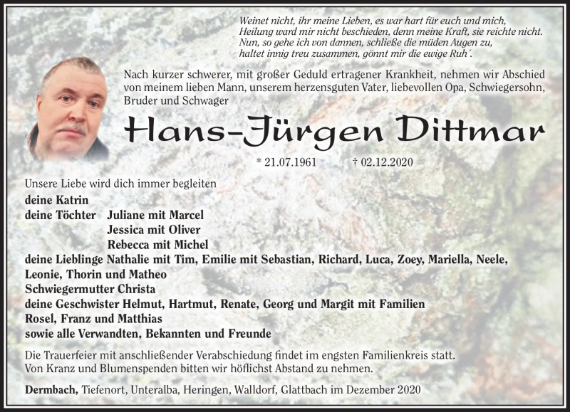  Traueranzeige für Hans-Jürgen Dittmar vom 05.12.2020 aus Südthüringer Presse