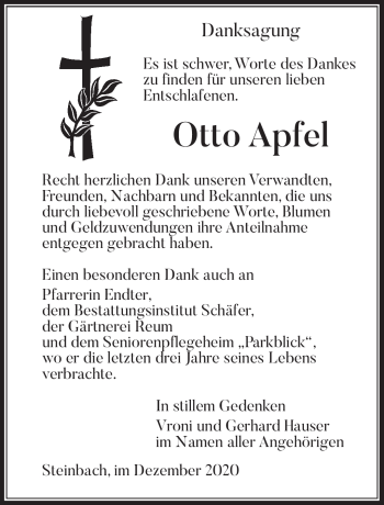 Traueranzeige von Otto Apfel von Südthüringer Presse