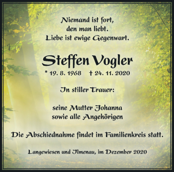 Traueranzeige von Steffen Vogler von Südthüringer Presse