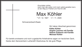 Traueranzeige von Max Köhler von Frankenpost