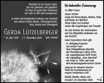 Traueranzeige von Gerda Lützelberger von Südthüringer Presse