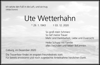 Traueranzeige von Ute Wetterhahna von Neue Presse Coburg