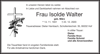 Traueranzeige von Isolde Walter von Frankenpost