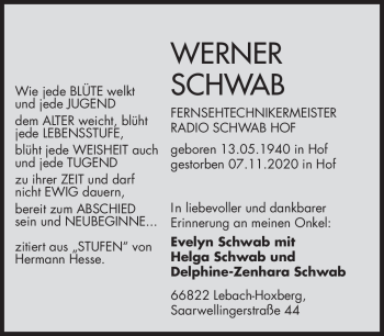 Traueranzeige von Werner Schwab von Frankenpost