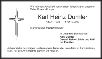 Traueranzeige von Karl Heinz Dumler von Frankenpost