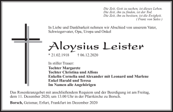 Traueranzeige von Aloysius Leister von Südthüringer Presse