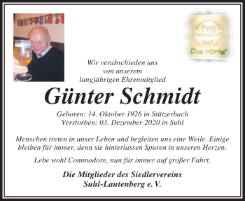 Traueranzeige von Günter Schmidt von Südthüringer Presse