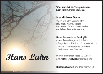 Traueranzeige von Hans Luhn von Südthüringer Presse