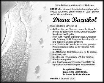 Traueranzeige von Diana Barnikol von Südthüringer Presse