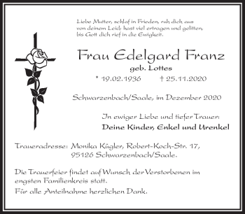 Traueranzeige von Edelgard Franz von Frankenpost