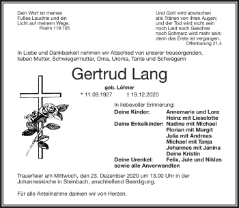 Traueranzeige von Gertrud Lang von Frankenpost