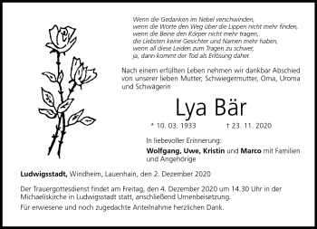Traueranzeige von Lya Bär von Neue Presse Coburg