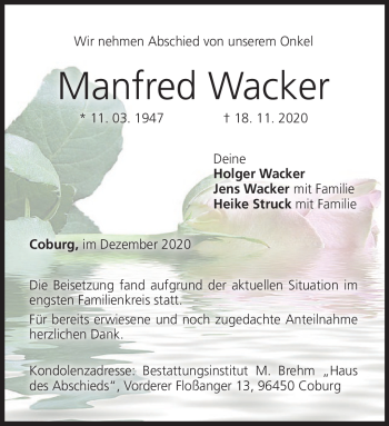 Traueranzeige von Manfred Wacker von Neue Presse Coburg