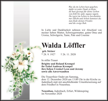 Traueranzeige von Walda Löffler von Südthüringer Presse