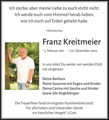 Traueranzeige von Franz Kreitmeier von Frankenpost