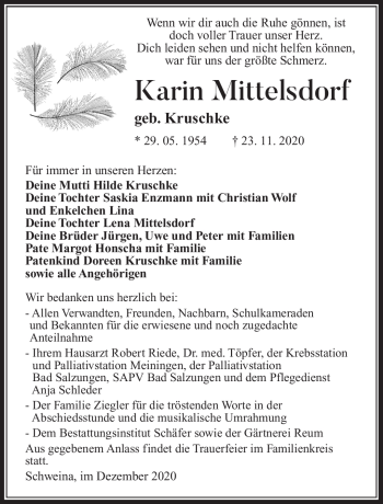 Traueranzeige von Karin Mittelsdorf von Südthüringer Presse