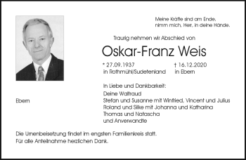 Traueranzeige von Weis Oskar-Franz von Neue Presse Coburg