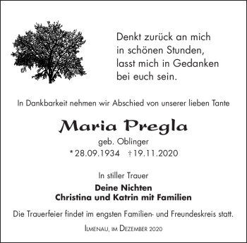 Traueranzeige von Maria Pregla von Südthüringer Presse