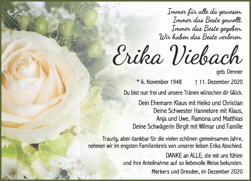 Traueranzeige für Erika Viebach vom 24.12.2020 aus Südthüringer Presse