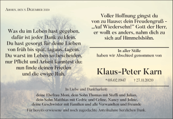 Traueranzeige von Klaus-Peter Karn von Neue Presse Coburg