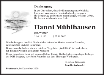 Traueranzeige von Hani Mühlhausen von Südthüringer Presse