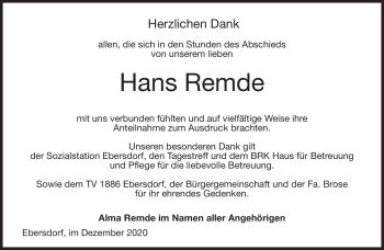 Traueranzeige von Hans Remde von Neue Presse Coburg